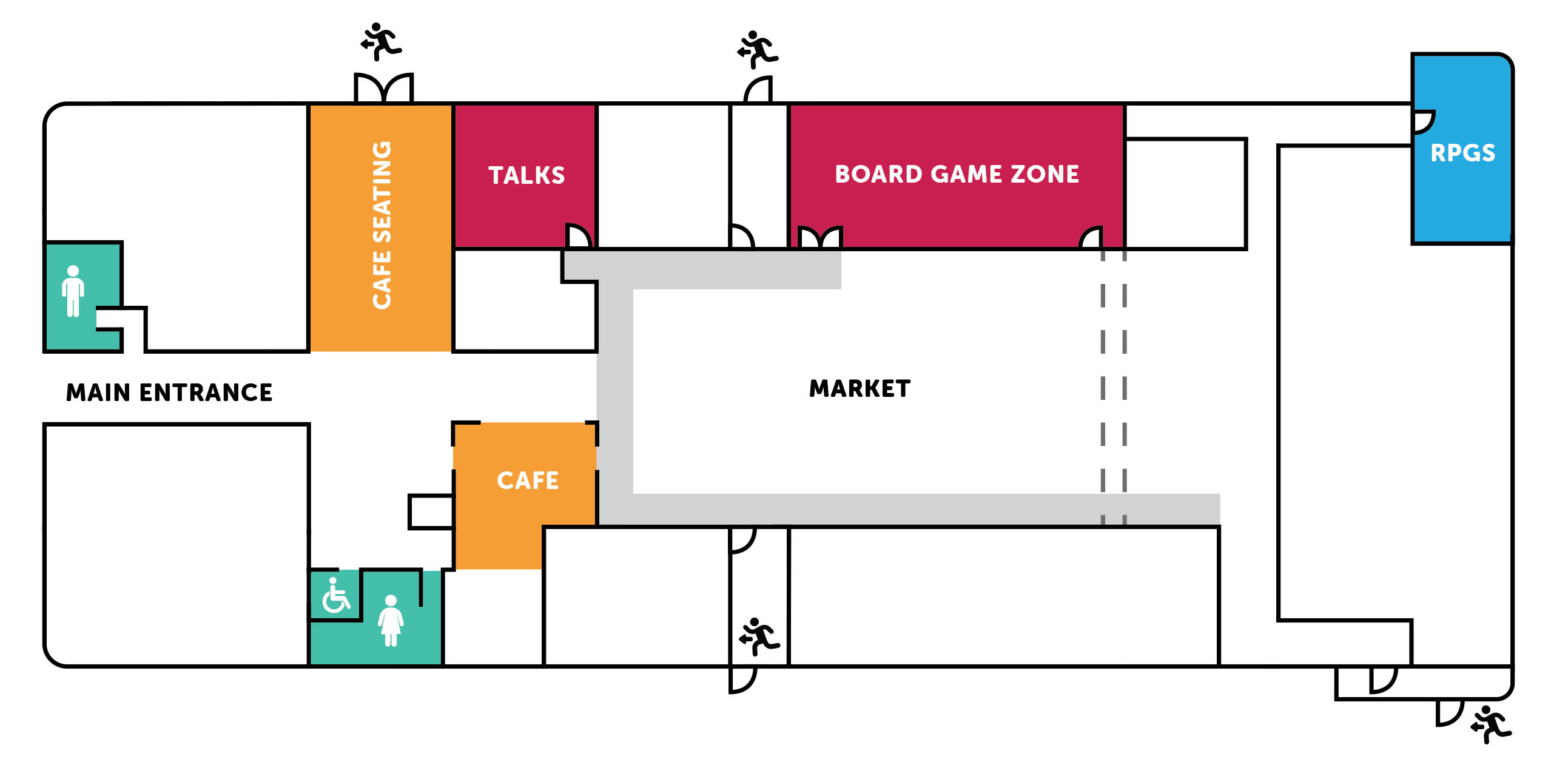 A simple floor plan of the Out of the Blue Drill Hall.