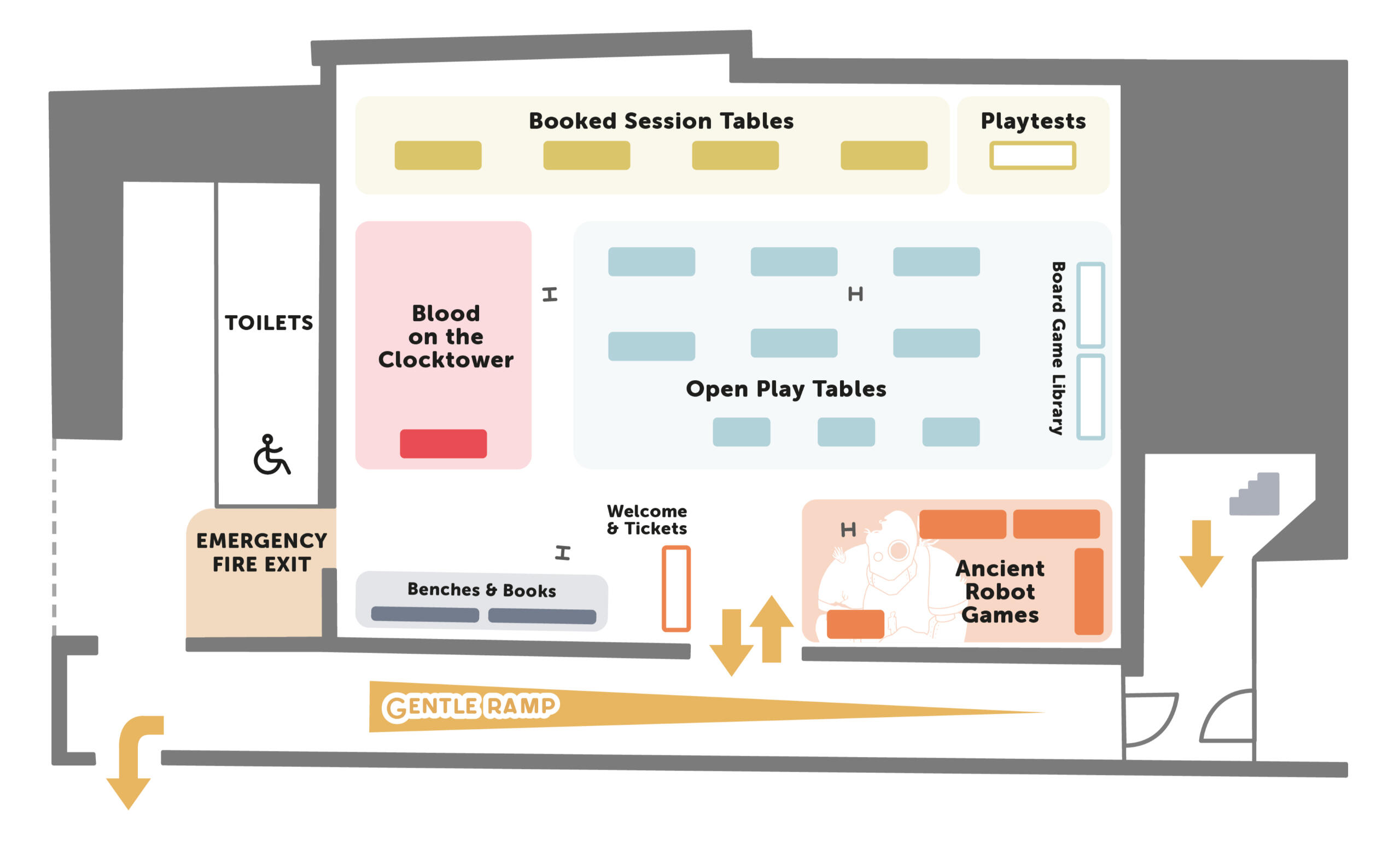 Map of the Board Game Zone. It takes place in the Warehouse space of Fruitmarket. Entering the space, there is a welcome table to the left and a seating area, and an open space to play Blood on the Clocktower. At the back of the hall are booked tables for