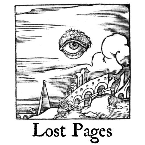 Logo for Lost Pages, featuring a scene rendered like a woodcut.