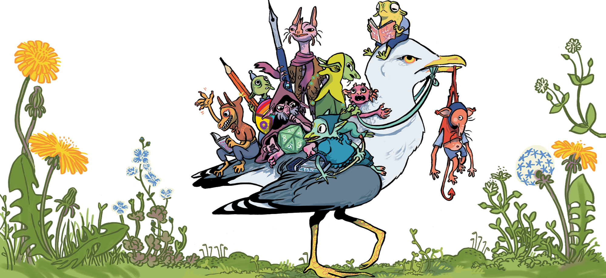 Footer illustration of a horde of tiny goblins riding on a seagull.