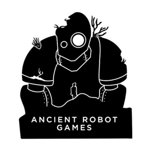 Logo for Ancient Robot Games, of a small human figure in front of a rusted overgrown iron giant.
