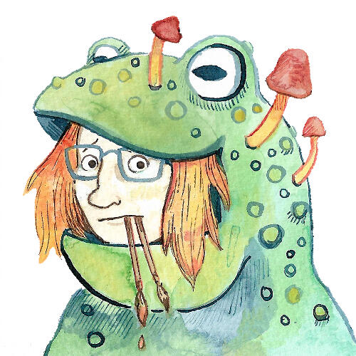 A cartoon of a large frog head covered in mushrooms. A face is poking out its grinning mouth, holding painbrushes in their mouth and looking concerned.