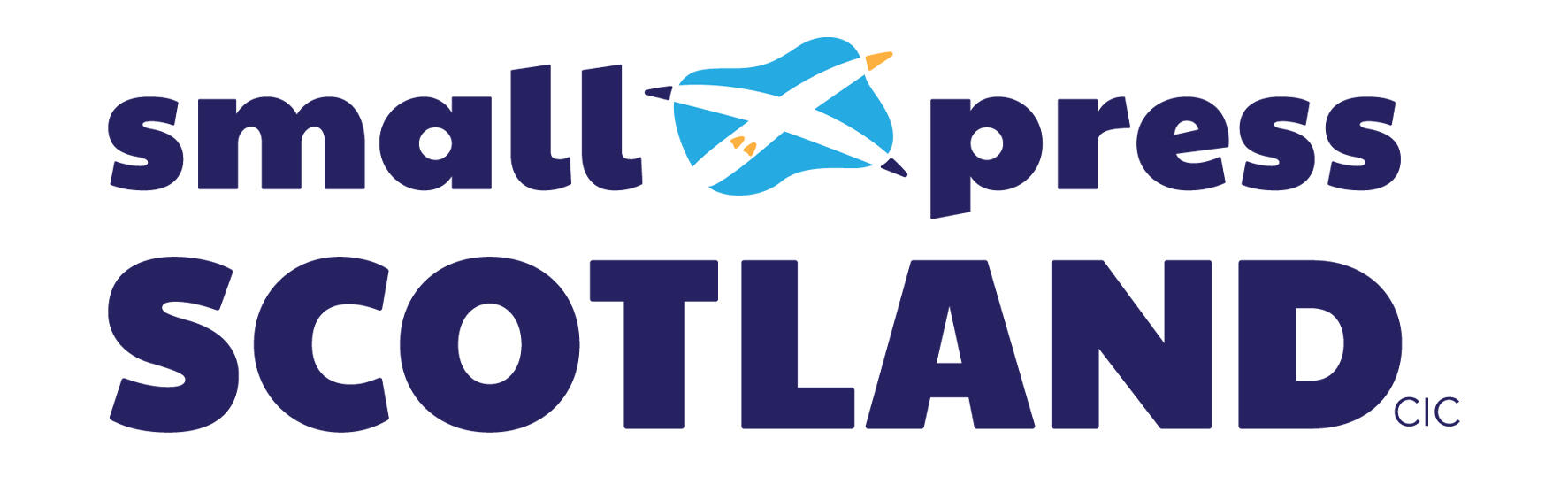 Logo for Small Press Scotland CIC, showing a white seagull against a blue shape to from a Saltire.