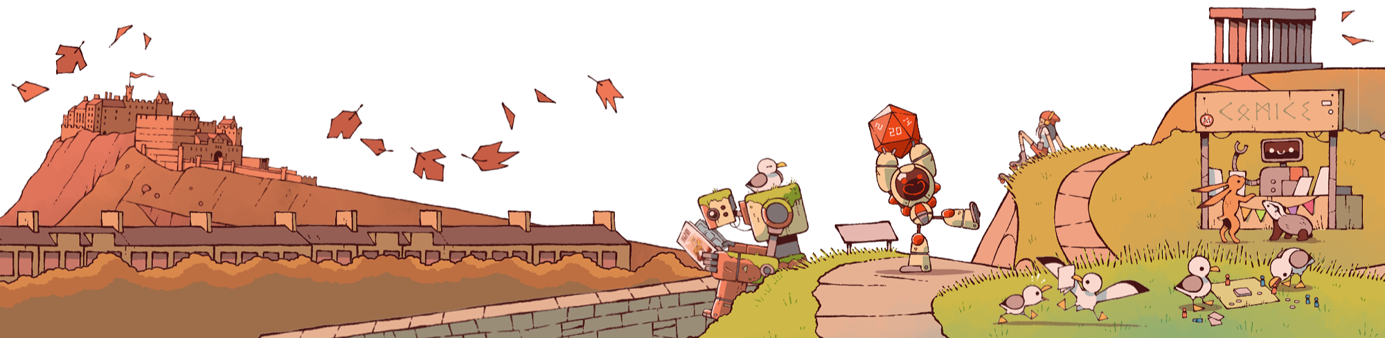 Bottom banner illustration. A vista of Edinburgh castle, as seen from Calton Hill. Different cartoon characters delight in comics and boardgames, including robots, animals, seagulls and people.