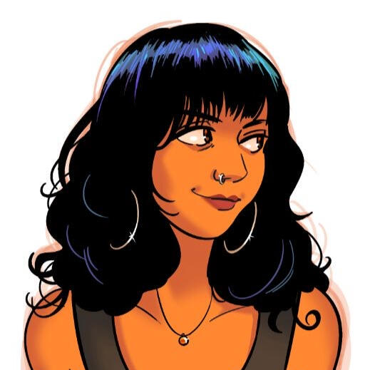 Comic-styled head shot of Nyla Ahmad, a brown skinned woman with long dark hair, a nose stud, and hoop earrings.
